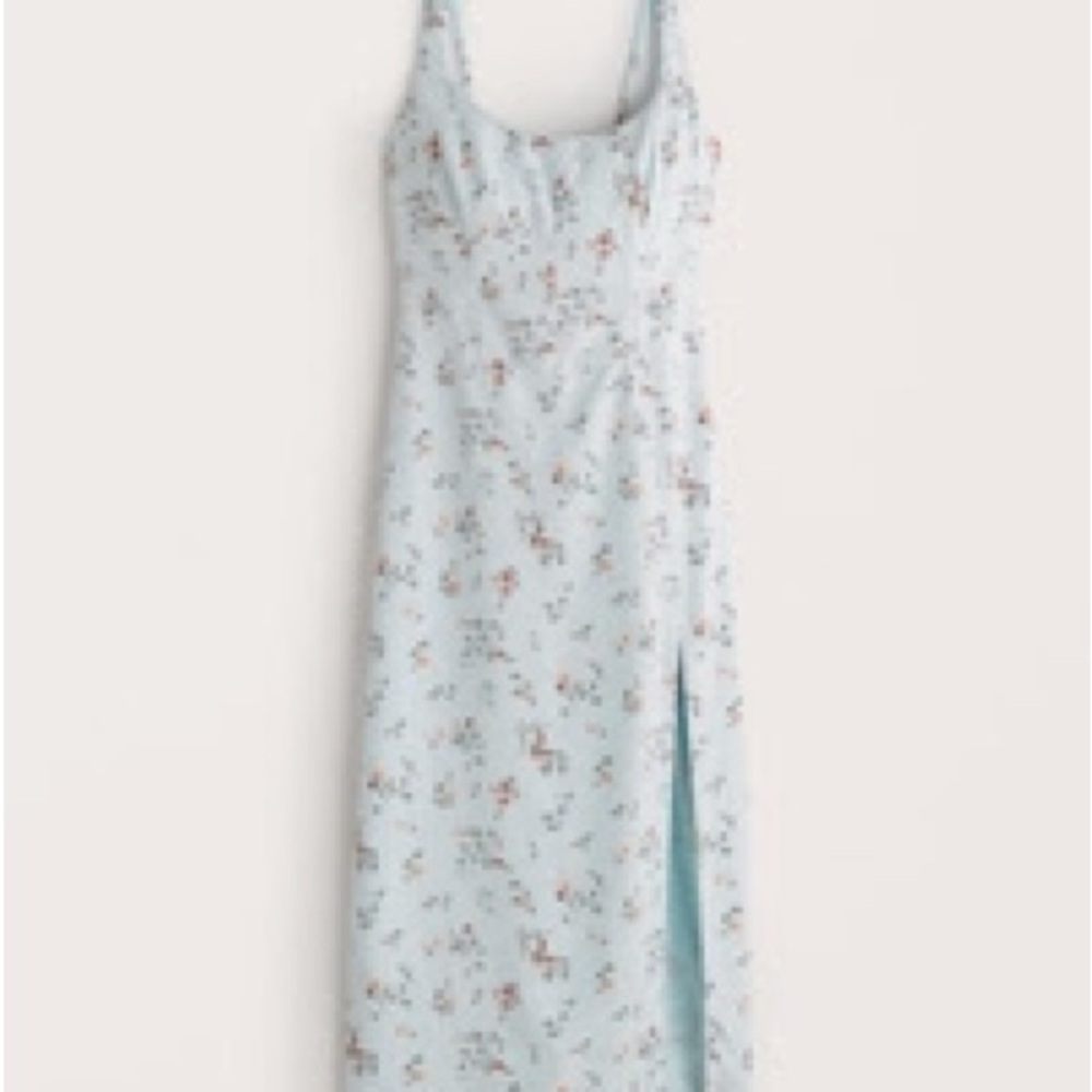 Abercrombie & Fitch Corset Seamed Midi Dress in Light Blue and Floral Print